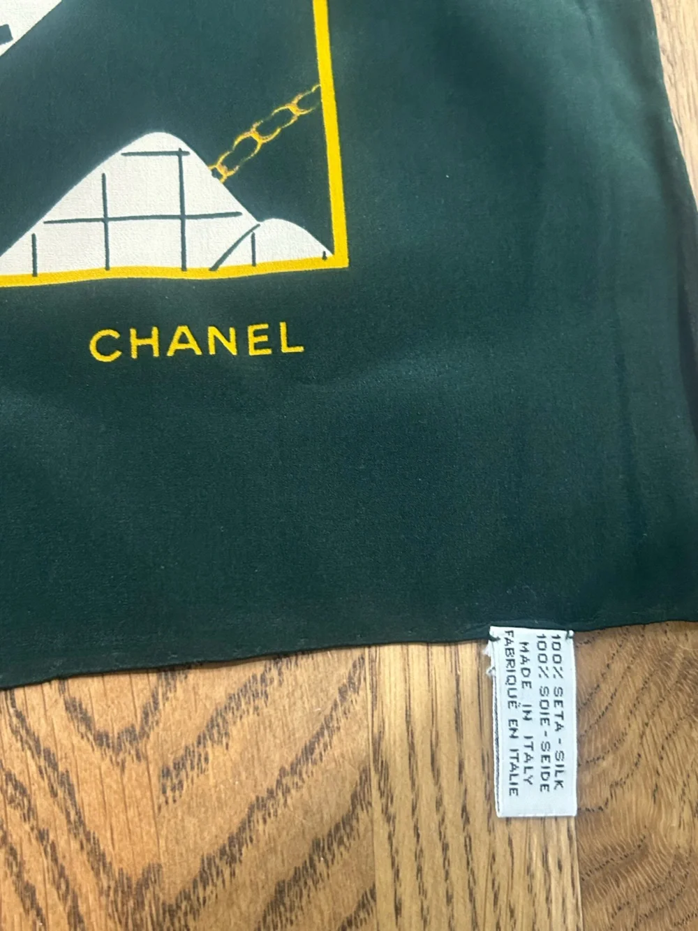 CHANEL Dark Green Silk Scarf with Silhouette of Ladies and Bags